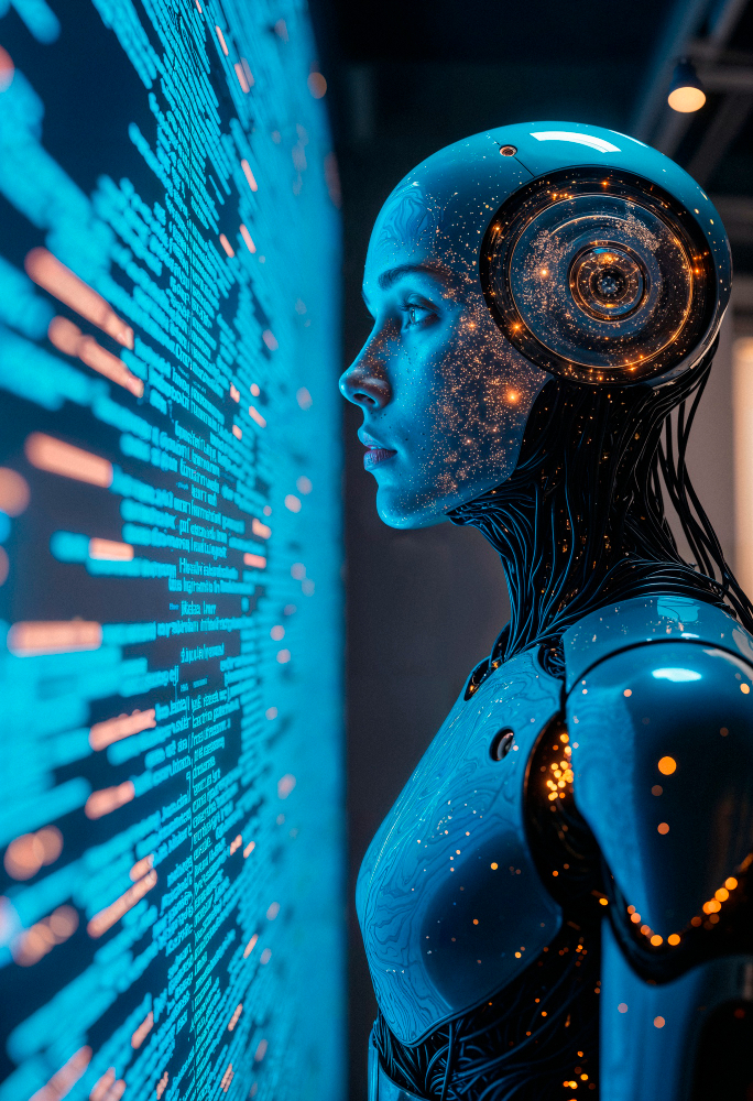 Robô humanoide observando uma parede de código