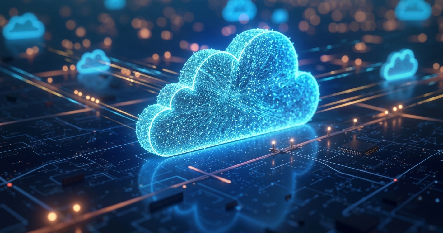 Nuvem digital sobre circuitos representando operação em cloud